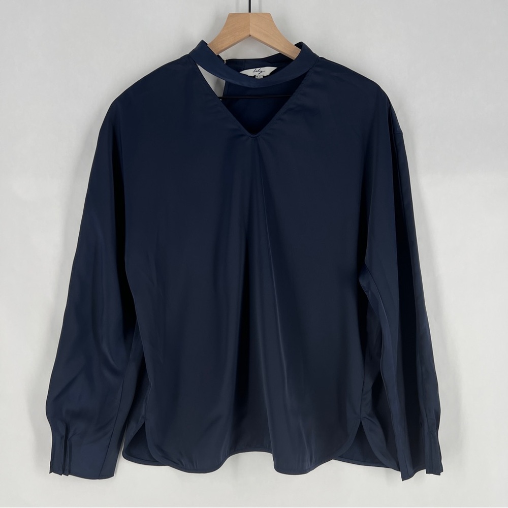 Lily Elegant Navy Satin Women's‎ Cutout V-Neck Long Sleeve Top Size L
